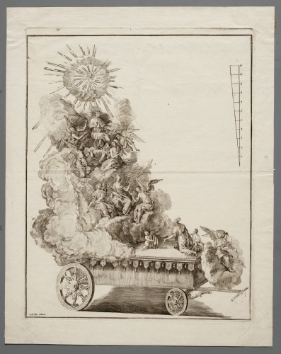 Ornamentprent. Triomfwagen voor het duizendjarige jubilileum van de heilige Rumoldus van Mechelen.